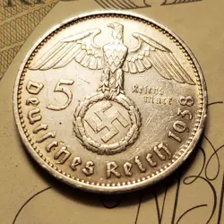 GERMANY 1938 E 5 REICHESMARK  SILVER  COIN 3RD REICH WW2 PFENNIG RP