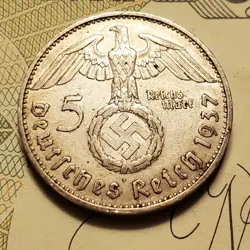 GERMANY 1937 F  5 REICHESMARK  SILVER  COIN 3RD REICH WW2 PFENNIG RP