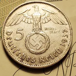 GERMANY 1937 E  5 REICHESMARK  SILVER  COIN 3RD REICH WW2 PFENNIG RP