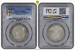 PCGS MS61 1936-D 5 MK REICHSMARK HINDENBURG J-367 THIRD REICH SILVER GERMANY WW2