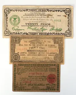 SET OF 3 DIFFERENT PROVINCES PHILIPPINES WW2 GUERRILLA PAPER MONEY CIRC.