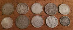 10 OLD WORLD SILVER & USA COIN LOT - EARLY YEARS!  ALL SILVER WW2 - FAST SHIP