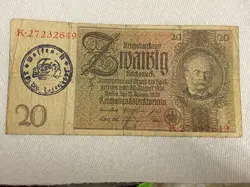 GERMAN   WW2 BANKNOTE WITH MILITARY STAMP NR 8