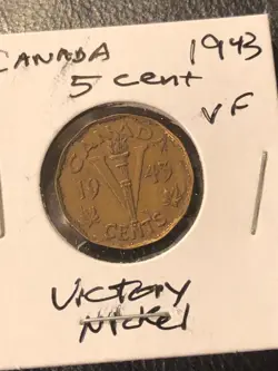 1943 CANADA FIVE 5 CENTS VICTORY NICKEL WW2 - VF