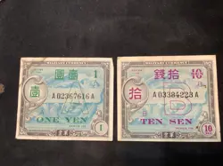 JAPAN 1944 WW2 YEN/10 SEN ALLIED MILITARY CURRENCY 2 BANKNOTE LOT  N2049