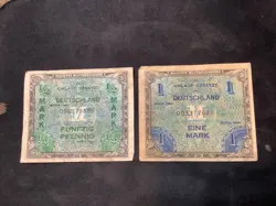 GERMANY 1944 WW2 PFENNIG/MARK ALLIED MILITARY CURRENCY 2 BANKNOTE LOT  N2047