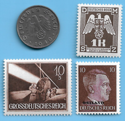 GERMANY WW2 1940 B 10 RPF SWASTIKA COIN & HITLER SWASTIKA STAMP LOT WW2 ERA #88