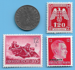 GERMANY WW2 1941 J 10 RPF SWASTIKA COIN & HITLER SWASTIKA STAMP LOT WW2 ERA #88