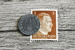 XX-RARE 1941-J WW2 NAZI GERMAN 1 REICHSPFENNIG SWASTIKA COIN & HITLER STAMP LOT