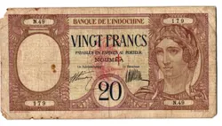 SCARCE! NEW HEBRIDES BANK INDOCHINA 20 FRANCS ND (1941) OVERPRINT ON NOUMEA WW2