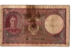 CEYLON 2 RUPEES BANKNOTE 1943 VINTAGE PAPER MONEY FROM WW2 ERA -SEE SCANS COND
