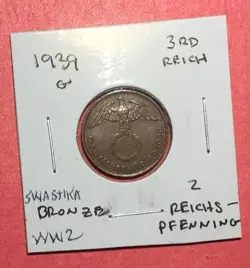 1939G GERMANY THIRD REICH SWASTIKA WORLD WAR 2! SWASTIKA! 2 PFENNIG!