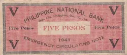 KAPPYS WC148 1941  PHILIPPINES  NATIONAL BANK FIVE  PESO NOTE WW2 EMERGENCY FINE