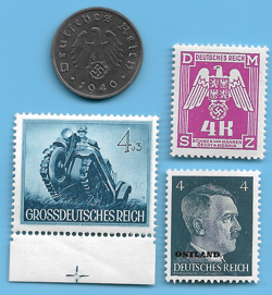 GERMANY WW2 1940 F 10 RPF SWASTIKA COIN & HITLER SWASTIKA STAMP LOT WW2 ERA #80