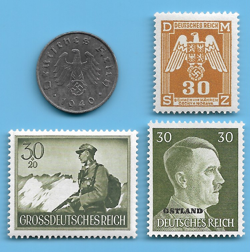 GERMANY WW2 1940 A 10 RPF SWASTIKA COIN & HITLER SWASTIKA STAMP LOT WW2 ERA #90