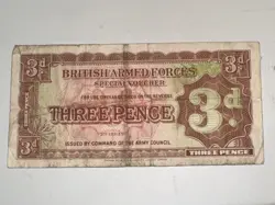 BRITISH ARMED FORCES 3 PENCE SPECIAL VOUCHER WWII ERA  2ND SERIES CANTEEN NOTE