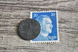 XX-RARE 1944-A WW2 NAZI GERMAN 1 REICHSPFENNIG SWASTIKA COIN & HITLER STAMP LOT