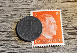 XX-RARE 1942-G WW2 NAZI GERMAN 1 REICHSPFENNIG SWASTIKA COIN & HITLER STAMP LOT