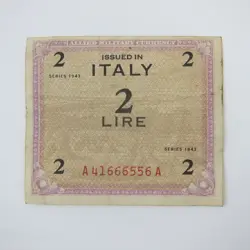 ITALY ALLIED MILITARY CURRENCY AMC 2 LIRE SERIES 1943 WORLD WAR 2 WWII VINTAGE