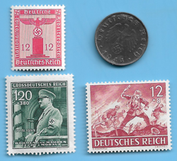 GERMANY WW2 1944 B 10 RPF SWASTIKA COIN & HITLER SWASTIKA STAMP LOT WW2 ERA #99