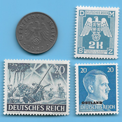 GERMANY WW2 1942 F 10 RPF SWASTIKA COIN & HITLER SWASTIKA STAMP LOT WW2 ERA #99