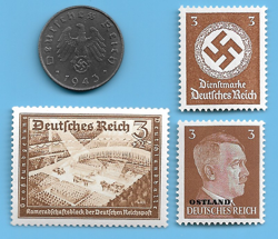 GERMANY WW2 1943 A 10 RPF SWASTIKA COIN & HITLER SWASTIKA STAMP LOT WW2 ERA #1