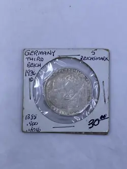 1936-D GERMANY WW2 SILVER COIN THIRD REICH 5 REICHSMARK