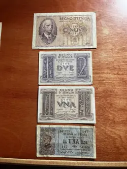 1939  ITALY 1-2-5 LIRE WW2 ITALIAN BANKNOTES + 1914 1 LIRE  WWI CURRENCY