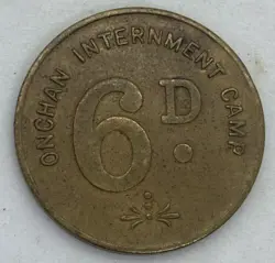 RARE ISLE OF MAN ONCHAN WW2 INTERNMENT CAMP BRASS SIXPENCE TOKEN