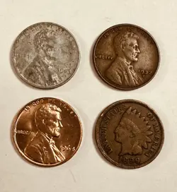 4 US COINS - INDIAN HEAD PENNY-WW2 STEEL CENT LINCOLN WHEAT CENT-CIRCULATED/BU#7