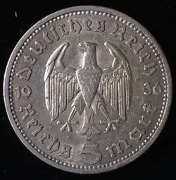 1936 A GERMANY SILVER 5 MARKS, PAUL VON HINDENBURG, PRE-WW2
