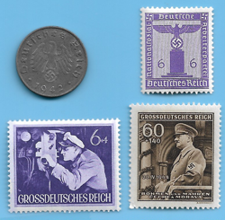 GERMANY WW2 1942 A 10 RPF SWASTIKA COIN & HITLER SWASTIKA STAMP LOT WW2 ERA #3