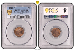 **PCGS MS64 RB* 1 PFENNIG 1940 F SWASTIKA GERMANY THIRD REICH J-361 COIN WW2 PFG