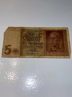 GERMANY WW2 5 REICHSMARK CIRCULATED WORN AGED ORIGINAL CURRENCY FNF REICHSMARK