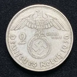RARE 1936 D THIRD REICH WW2 GERMAN 2 REICHSMARK HINDENBURG SILVER COIN TRC 005