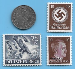 GERMANY WW2 1940 A 10 RPF SWASTIKA COIN & HITLER SWASTIKA STAMP LOT WW2 ERA #4