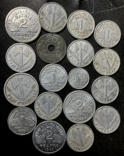 OLD VICHY FRANCE COIN LOT - 18 HISTORIC WW2 ERA OCCUPATION COINS - LOT #Y15