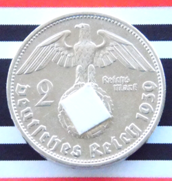 GERMAN 2 REICHSMARK 1939 D HINDENBURG THIRD REICH SILVER COIN 3RD WW2 MARK + UNC