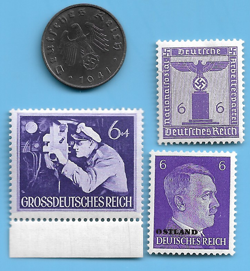 GERMANY WW2 1941 B 10 RPF SWASTIKA COIN & HITLER SWASTIKA STAMP LOT WW2 ERA #80