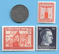 GERMANY WW2 1941 A 10 RPF SWASTIKA COIN & HITLER SWASTIKA STAMP LOT WW2 ERA #90