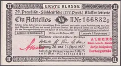 1. GERMANY 1/8 LOTTERY TICKET LOTTERIE 1927 - WW2 - SERIES: 166832C - #A23A