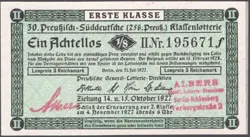 1. GERMANY 1/8 LOTTERY TICKET LOTTERIE 1927 - WW2 - SERIES: 195671F - #A23A
