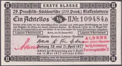 1. GERMANY 1/8 LOTTERY TICKET LOTTERIE 1927 - WW2 - SERIES: 109484H - #A23A