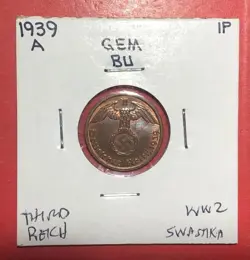1939A GERMANY THIRD REICH SWASTIKA WORLD WAR 2! SWASTIKA! 1 PFENNIG!
