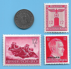 GERMANY WW2 1942 A 1 RPF SWASTIKA COIN & HITLER SWASTIKA STAMP LOT WW2 ERA #7