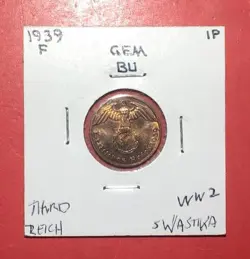 1939F GERMANY THIRD REICH SWASTIKA WORLD WAR 2! SWASTIKA! 1 PFENNIG! MINT LUSTER