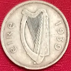IRELAND 1939 FLOIRIN/2 SHILLING  SILVER; HARP; SALMON; WW2; (I409)