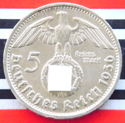 GERMAN 5 REICHSMARK 1936 D SWASTIKA HINDENBURG SILVER COIN 3RD REICH WW2 MARK BU