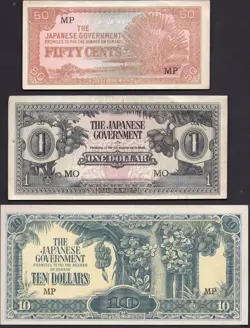 WW2 JAPANESE OCCUPATION BANKNOTES - 1942-44 - 50 CENTS 1 DOLLAR 10 DOLLAR