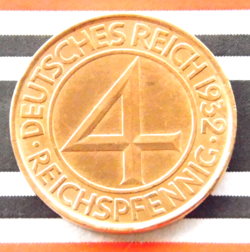 GERMAN COIN 1932 A 4 REICHSPFENNIG COPPER EAGLE WEIMAR REPUBLIC 3RD WW2 + UNC +